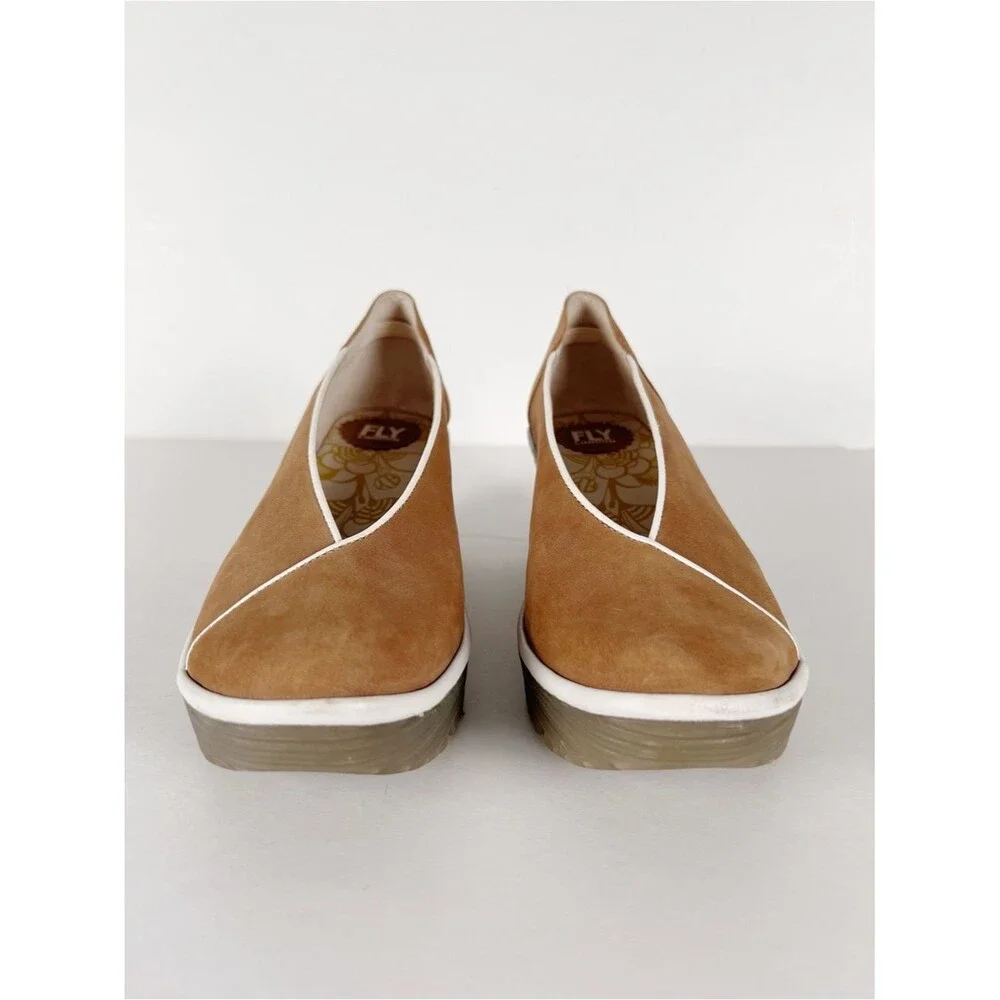 Fly London Yuca Tan Leather White Trim Wedge Slip-On Platform Size 10-10.5